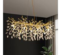 ZenithBeam Dorada LáMpara De Araña Colgante De Cristal,Moderna RectáNgulo Forma De La Rama Aluminio Lampara Comedor Techo,10 G9 Luces Lampara Colgante Para Cocina Sala De Estar,L100Cm