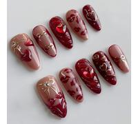 ZenithBurst 24 uñas postizas con forma de arco de amor, uñas postizas cortas de almendra, cobertura completa, uñas postizas para mujer, diseño 3D de cereza, uñas adhesivas