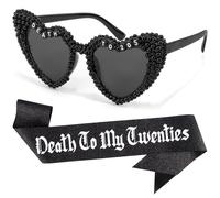ZenithBurst Death to My 20s Birthday Set - Gafas de sol con forma de corazón negro y banda con purpurina, decoración para 20 cumpleaños, decoración de 20 cumpleaños para mujer