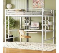 Zenithz Cama alta de 140 x 200 cm, con escritorio, 2 estanterías, bandeja para teclado, color blanco, metal MDF, certificado EN747, cama funcional para niños, adolescentes y adultos, ahorra espacio