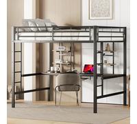 Zenithz Cama alta de 140 x 200 cm, con escritorio, 2 estanterías, bandeja para teclado, color negro, metal MDF, certificado EN747, cama funcional para niños, adolescentes y adultos, ahorra espacio