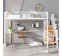 Zenithz Cama alta de 90 x 200 cm con escritorio y armario, litera para niños y adolescentes, cama de metal con escalera lateral y pasamanos, certificado EN747, color blanco natural, ahorra espacio