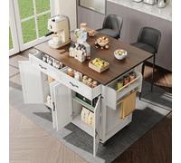 Zenithz Isla de cocina XXL (140 cm) con encimera plegable en aspecto de nogal, carrito de servir beige con vetas de madera, carrito de cocina con ruedas con protección de esquina, 2 cajones, toallero
