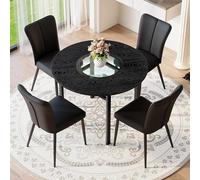 Zenithz Juego de mesa de comedor redonda de 100 cm, color negro, con inserto de cristal y estante, 4 sillas de piel sintética, juego de 5 piezas, diseño industrial, moderno para salón, cocina y