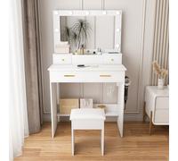 Zenithz Tocador con iluminación LED, enchufe y soporte para secador de pelo, 4 cajones + cesta, taburete acolchado, color blanco, 137 cm de alto