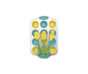 Zenker FCK44897 44897 Set Mini Cupcake 16 Piezas Infantil con Espátula Cuchara, Brocha, Molde Huellas y 12 Cajas, Silicona, Acero al Carbono, Azul, Verde, Amarillo, Gris, De 5 cm a 30 cm