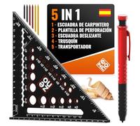 ZENO Escuadra Carpintero 180 mm - Escuadras Metalicas Carpintero Todo en Uno: Transportador de Ángulos, Regla, Gramil, Plantilla de Perforación - Lápiz de Obra