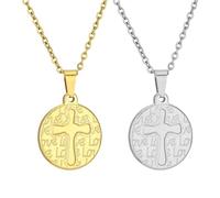 ZENRUIMING 2 collares de cruz con símbolo religioso creativo, para hombres y mujeres, de acero inoxidable 304, colgante de placa redonda religiosa, joyería cristiana católica