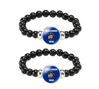 ZENRUIMING 2 pulseras de cuentas negras con la bandera del estado de Wisconsin, hechas a mano, cordón elástico ajustable, pulsera de bandera de Estados Unidos, pulsera casual para deportes al aire