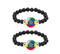 ZENRUIMING 2 pulseras de cuentas negras hechas a mano con la bandera de Etiopía, pulsera elástica ajustable, joyería africana, recuerdo turístico de Etiopía, Adjustable, Resina Vidrio, No es una