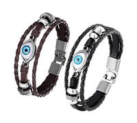 ZENRUIMING 2 pulseras de cuero de ojo de diablo, pulsera de cuero tejida a mano con ojos azules turcos, pulsera de la suerte con cuentas multicapa, Talla única, Cuero, No es una piedra preciosa