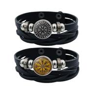 ZENRUIMING 2 pulseras vikingas de cuero multicapa, hechas a mano con brújula vikinga escandinava, pulsera de cuentas de cuero celta pagana, talla única, cuero, sin piedras preciosas, One Size, Cuero,
