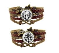 ZENRUIMING Juego de 2 pulseras de San Benito para mujeres y hombres, pulsera de cuero vintage, joyería de protección religiosa católica, pulsera bohemia infinita multicapa hecha a mano