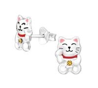 Zenvie Maneki-neko - Pendientes de tuerca de plata de ley 925 con diseño de gato agitando la buena suerte, 6.2 mm x 9 mm, Plata de ley, Sin piedra preciosa