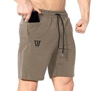 ZENWILL Pantalones cortos para correr de gimnasio, entrenamiento, culturismo atlético, con bolsillos con cremallera, Beige, X-Large