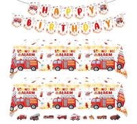 ZenyTra Juego de decoración de cumpleaños de bomberos - 2 manteles de 180 x 108 cm, 1 guirnalda y 25 pegatinas para fiesta de bomberos, cumpleaños infantiles y decoración de mesa temática