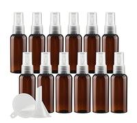 ZEOABSY 12 Piezas 50ml Botella de Spray Vacía Plástico Marrón Atomizador de Viaje Conjunto de Botellas, con Pulverizador de Niebla Fina Transparente para Aromaterapiacon 2 Embudos