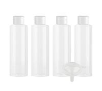 ZEOABSY 4 Piezas 200 ml Redondo Botellas de Plástico PET Transparente con Tapón de Rosca Blanco y Reductor de Orificio, Botella de Hombro Plano de Viaje Rellenables para Cosmética (UNSQUEEZABLE)