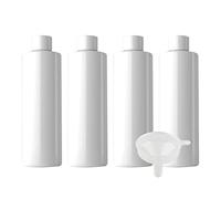 ZEOABSY 4 Piezas 250 ml Redondo Botellas de Plástico PET Blanco con Tapón de Rosca Blanco y Reductor de Orificio, Botella de Hombro Plano de Viaje Rellenables para Cosmética (UNSQUEEZABLE)