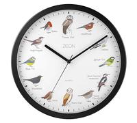 ZEON Birdsong CE4558B - Reloj de pared analógico con anuncios de canto de pájaros por hora, color negro, 29,5 cm