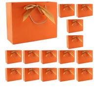 ZEONHEI 15 bolsas de regalo de papel naranja con lazo dorado, bolsas de regalo de papel con asas, bolsa de regalo para cumpleaños, Navidad, boda, 32 x 25 x 11 cm