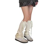 ZEPFJHE Calentadores de piernas verticales de punto acanalado con cordón para mujer, calcetines sin pies, color sólido, fundas para botas de invierno, puños con cordón, blanco leche, Talla única