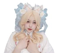 ZEPFJHE Diadema con forma de orejas pequeñas y frescas, con lazo, decoración de flores, aro para el pelo, maquillaje, transmisión en vivo, fiesta