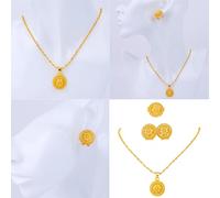 ZEPFJHE Elegante juego de joyas de color dorado, accesorio elegante con collar, aretes y anillos para novia y ocasiones especiales, joyería de latón