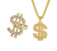 ZEPFJHE Kits de disfraz de hip hop de los años 80/90, accesorios geniales de rapero, anillos de signo de dólar, collar de cadena chapado en oro para mujeres y hombres, kit de disfraz de hip hop