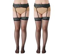 ZEPFJHE Medias altas hasta el muslo, 2 pares, medias transparentes con puntera reforzada, accesorios de lencería de encaje elástico, Negro Y Azul, Altoa única