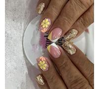 ZEPFJHE Uñas postizas cuadradas a presión con punta francesa, cubiertas completas, uñas postizas con diseño de flores con purpurina, uñas acrílicas artificiales