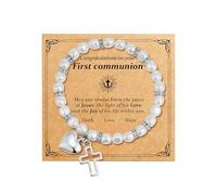 ZephyrHome Regalos de Primera Comunión para Niñas - Pulsera de Corazón con Cruz bañada en Oro Blanco de 14 K. Pulsera de Primera Comunión para Bautismo y Comunión Regalos para Adolescentes.