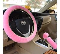 ZEPIQOR 3 Pzs Cubre Volante Peludo, Cubre Volante, Cubre Volante Universal, Con Freno de Mano y Funda para Palanca de Cambios, Funda Cómoda, Accesorios de Interior de Coche Rosa