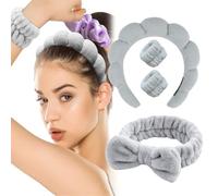ZEPIQOR Diadema Maquillaje Mujer, 4 pcs Set de Headband de Microfibra Elásticas con Muñequeras SPA, diadema maquillaje, Bowknot Banda de Pelo Suave y Lindo, Cuidado de Piel, Ducha, Yoga（gris)
