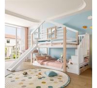 Zepneiy Cama cabaña infantil 90x200 con tobogán y ventana, litera de 2 plazas con rampa y espacio de almacenamiento, para hermanos y hermanas, de madera maciza blanca (sin colchón)