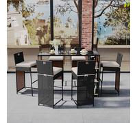 Zepneiy Juego de muebles de jardín de 7 piezas, mesa de comedor y silla de jardín con cojín y estante, barra de jardín de polirratán, color negro y marrón oscuro