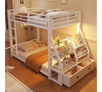 Zepneiy Litera con iluminación LED 90 x 200 cm, literas de metal, con 2 cajones de almacenamiento de tela, litera para niños, color blanco (colchón no incluido)