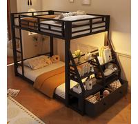 Zepneiy Litera con iluminación LED 90 x 200 cm, literas de metal, con 2 cajones de almacenamiento de tela, litera para niños, color negro (colchón no incluido)