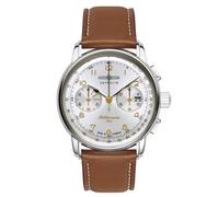 Zeppelin 9670-1 Méditerranée Reloj de cuarzo cronógrafo para hombre 42 mm | Caja de acero inoxidable plateada, correa de cuero marrón, fecha, segundero pequeño, minutos de parada, 5 ATM