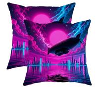 Zeppelin - Juego de 2 fundas de almohada cuadradas de terciopelo suave, lavable, diseño futurista de paisaje urbano cósmico sin sol, melocotón, fundas de almohada cuadradas para el hogar, sala de