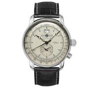 Zeppelin Reloj de hombre de 100 años 7640-5 - Fabricado en Alemania - Acero inoxidable plateado - Champán - Big Date - Segunda zona horaria - Correa de cuero negro - 42 mm