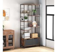 ZERDER Estantería alta de 6 niveles con 2 cajones de almacenamiento, estantería con estantes, organizador de almacenamiento de madera, con marco de metal para dormitorio, sala de estar, marrón rústico