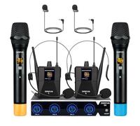 ZERFUN Sistema de micrófono inalámbrico profesional de 4 canales, auriculares inalámbricos de metal UHF, micrófonos de solapa para iglesia, karaoke, canto, frecuencia ajustable de 4 x 50 (batería G8,