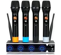 ZERFUN Sistema de micrófono inalámbrico profesional de 4 canales, micrófonos de mano inalámbricos de metal UHF para cantar karaoke de iglesia, frecuencia ajustable de 4 x 50 (batería G8 4 de mano)