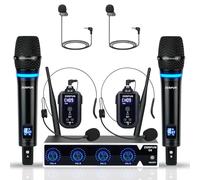 ZERFUN Sistema de micrófono inalámbrico recargable de 4 canales Pro, auriculares de mano de metal UHF, micrófonos de solapa inalámbricos para iglesia, karaoke, canto con control de volumen, frecuencia