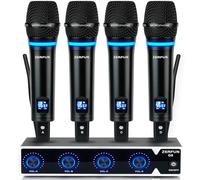 ZERFUN Sistema de micrófono inalámbrico recargable de 4 canales Pro, micrófonos inalámbricos de mano de metal UHF inalámbricos para cantar karaoke de iglesia, frecuencia ajustable de 4 x 50, 1/8, 1/4,
