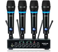 ZERFUN Sistema de micrófono inalámbrico recargable de 4 canales Pro, micrófonos inalámbricos de mano de metal UHF inalámbricos para iglesia, karaoke, cantar con control de volumen de eco Bluetooth,