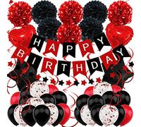ZERODECO Decoración de cumpleaños, negro y rojo, decoración de fiesta de cumpleaños para hombres, pancarta de Happy Birthday con pompones de papel, estrella, banderines