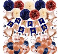 Zerodeco Decoración de cumpleaños para niñas, Oro Rosa, Azul Marino, decoración de Fiesta de cumpleaños, para niñas, con Papel, Pompones, Estrella, banderines, cumpleaños para Hombre y Mujer