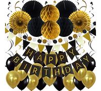 ZERODECO Decoración de Fiesta de cumpleaños, Happy Birthday Banner con Ventiladores de Papel Bolas de Triangulares Guirnalda de Papel Circular remolinos Colgantes y Globos (Negro)